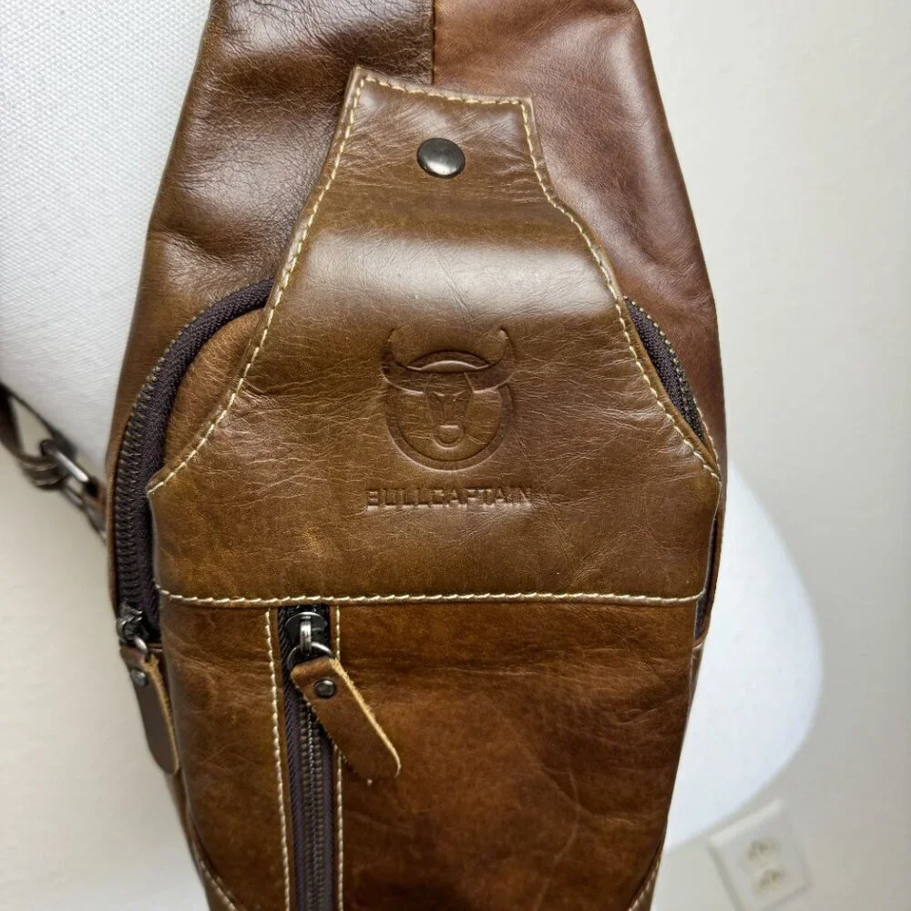 BULLCAPTAIN Genuine Leather Sling Bag Casual Shoulder Chest Crossbody